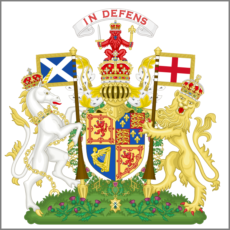 Coat of arms of James VI from 1603 as King James I of Scotland, England, France, and Ireland. Vector image by Sodacan, Wikimedia Commons