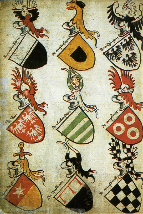 Heraldic devices, Hyghalmen Roll, Wikimedia Commons