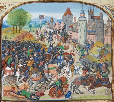 English fight the Scots at Neville's Cross led by their king, David Bruce, Folio 97 verso from Froissart's Chronicle, Wikimedia Commons