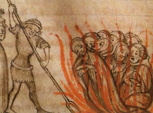 Templars being burned at the stake, Anonymous illustration, 1384