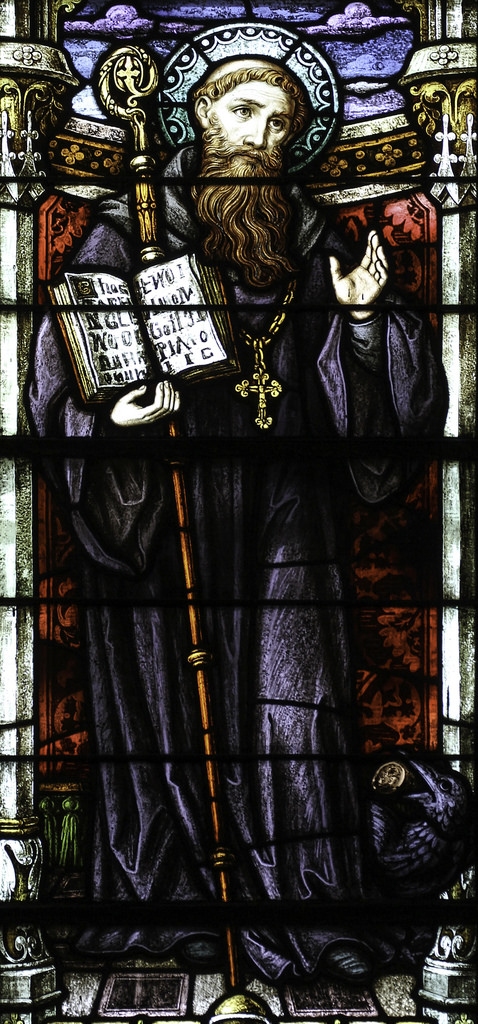 Benedict of Nursia, depicted in stained glass, Wikimedia Commons